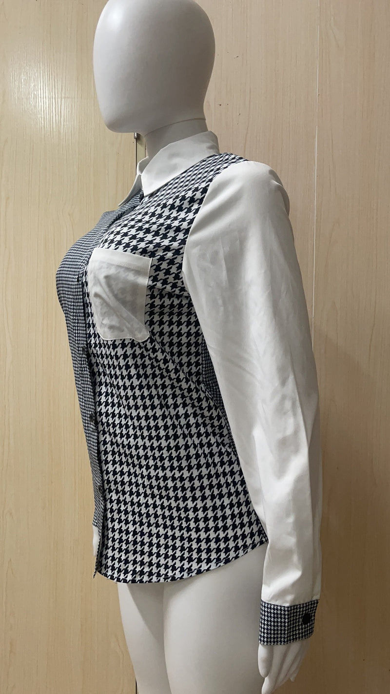 Houndstooth Print Patchwork Full Sleeve Blouse Top ZSD 0424