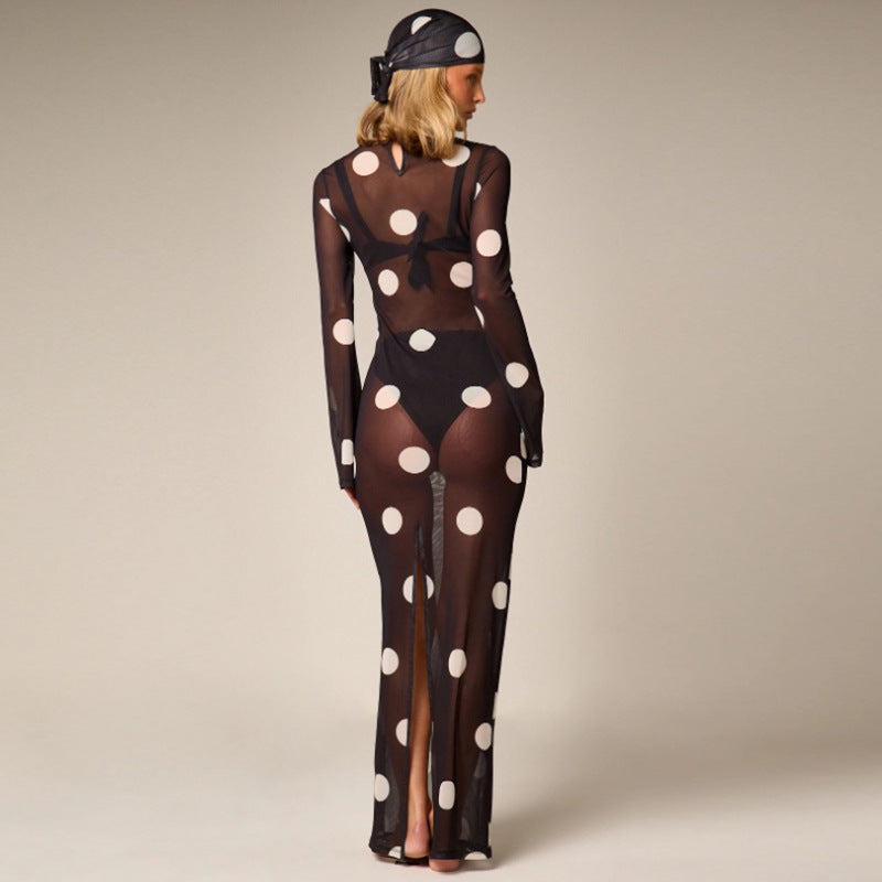 Mesh See Through Print Maxi Dress With Headscarf GZJQ K6S14679A