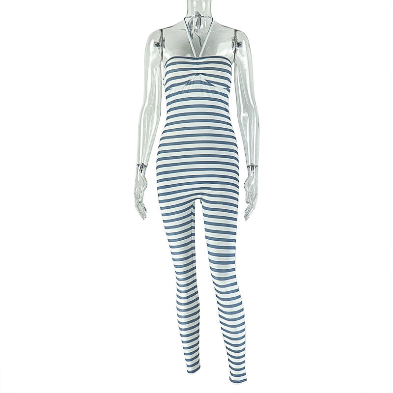 Stripe Backless Sport Halterneck Jumpsuit GJYO 006277