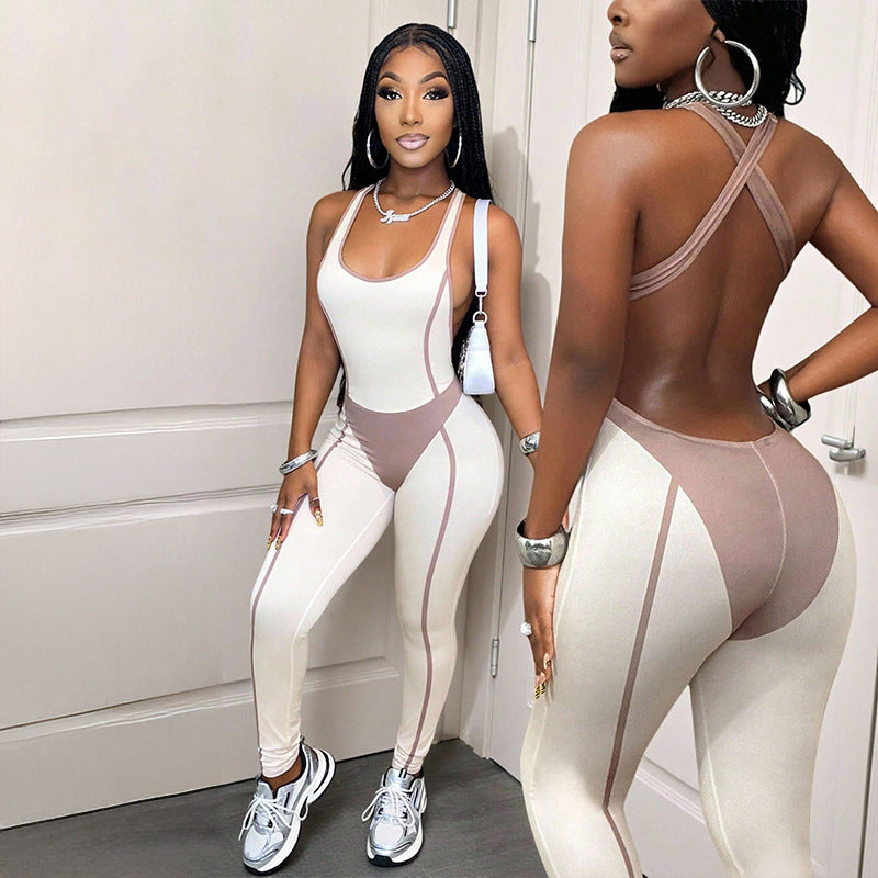 Contrast Color Patchwork Backless Yoga Jumpsuit GHYX 5187
