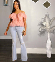 Sexy Mesh Ruffles Off Shoulder Crop Tops LS 0280