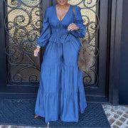 Plus Size Bubble Sleeve Drawstring Top Wide Leg Pants Suit QMZF 21195