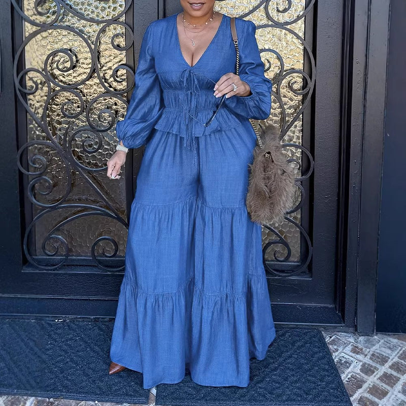 Plus Size Bubble Sleeve Drawstring Top Wide Leg Pants Suit QMZF 21195