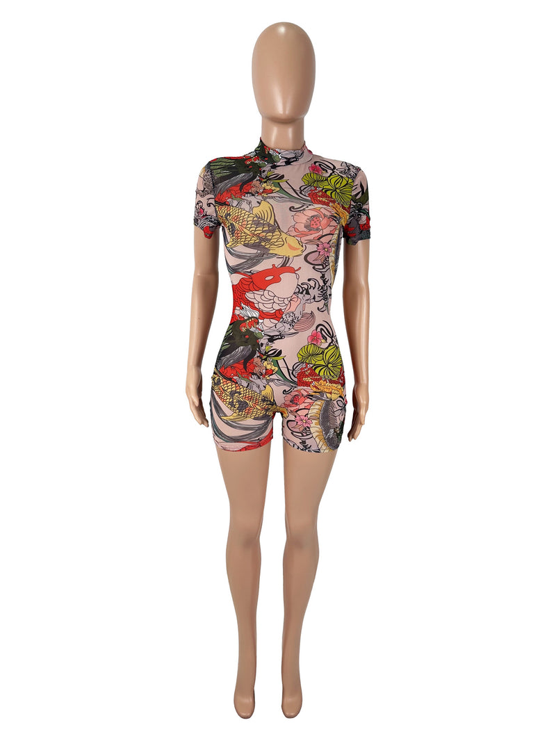 Mesh Print Backless Skinny Romper SHD 9546