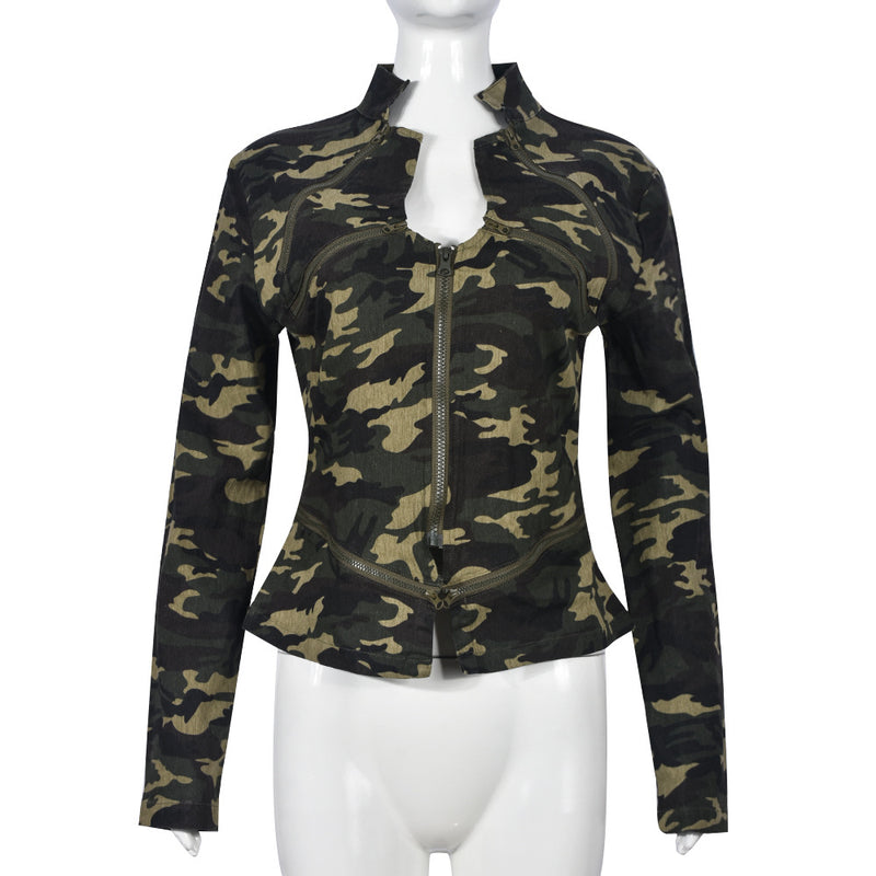 Camouflage Zipper Long Sleeve Stand Up Jacket GNZD 9527TD