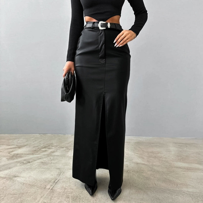 Solid Color High Waist Split PU Long Skirt GPBY 16562