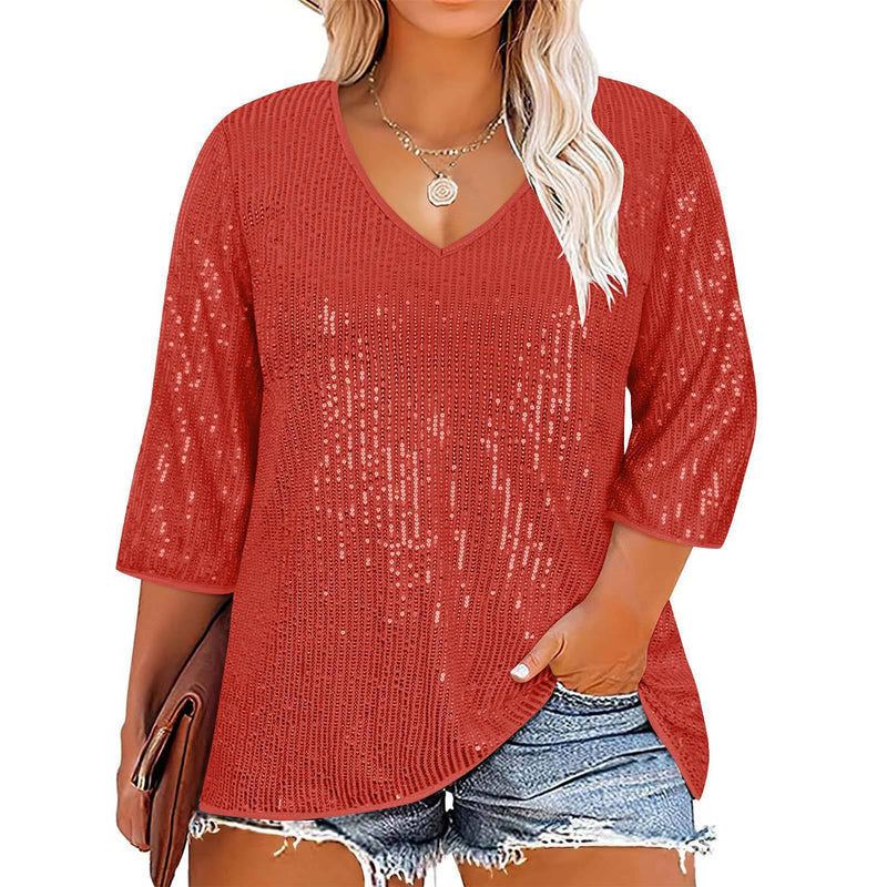 Plus Size Casual Sequin V Neck T Shirt GOSD 1554