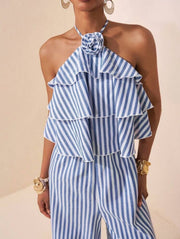 Halterneck Stripe Print Backless Jumpsuit NY 11282
