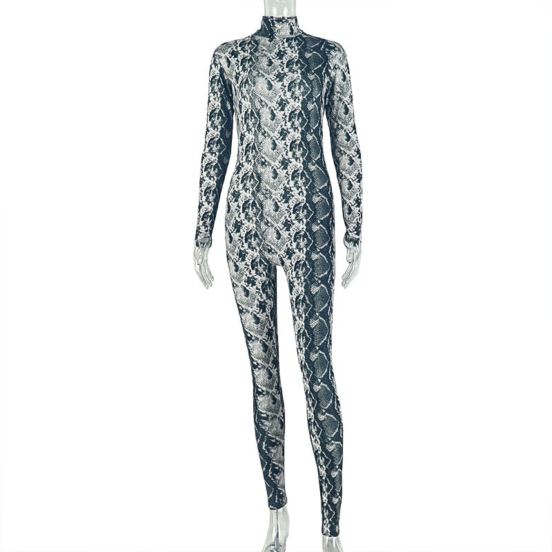 Snake Print High Collar Long Sleeve Jumpsuit GJYO 006317