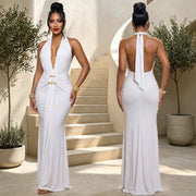 Deep V Neck Solid Color Ruched Maxi Dress BY 7789