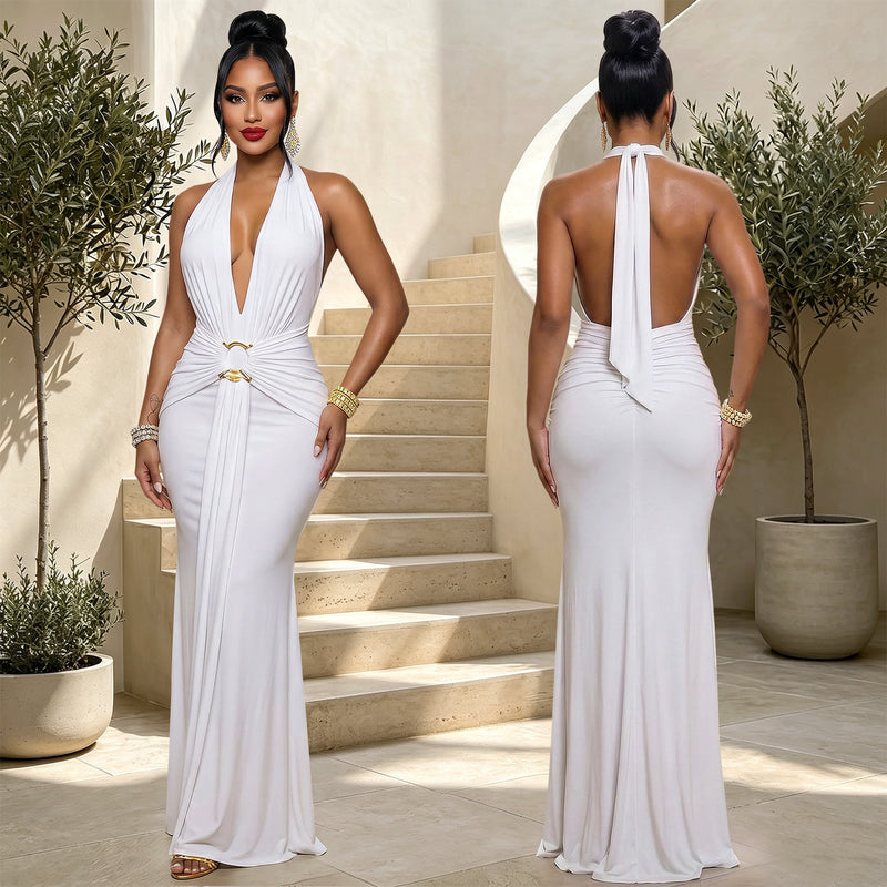 Deep V Neck Solid Color Ruched Maxi Dress BY 7789