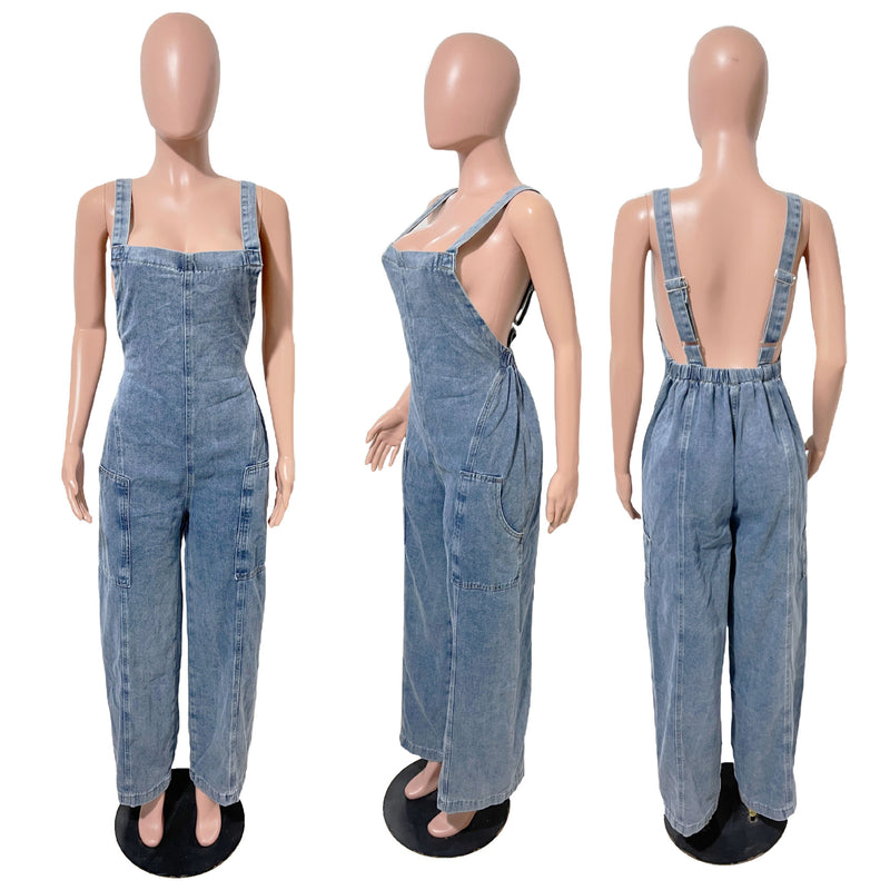 Fashion Washed Denim Loose Jumpsuit LX 6076