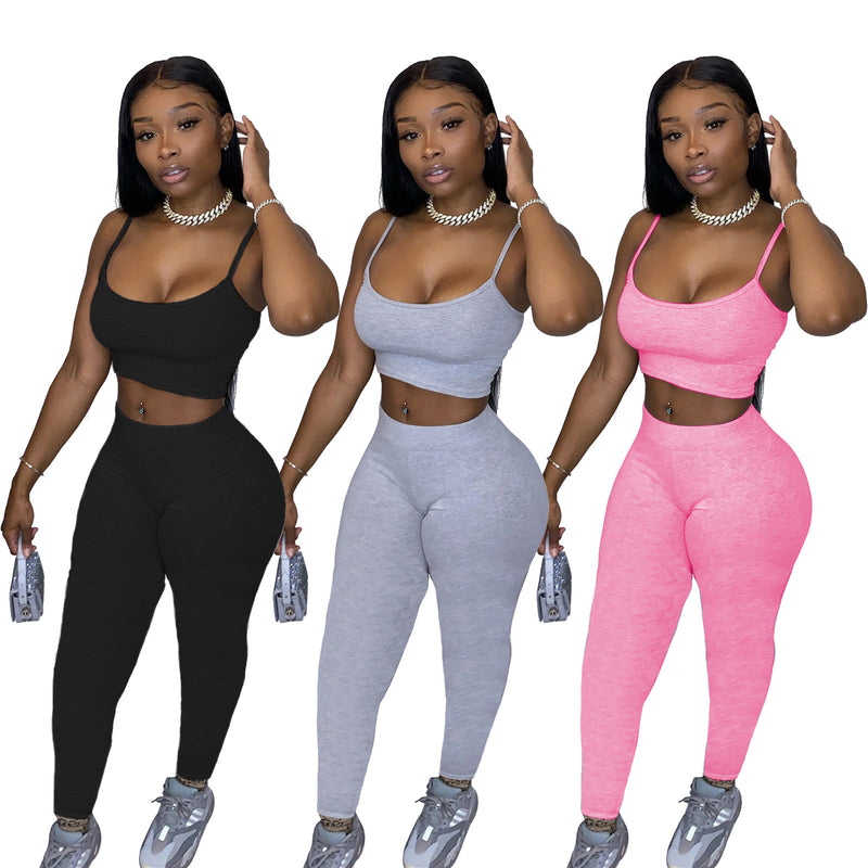 Solid Cami Tops Tight Pants Fitness Two Piece Sets SHD 9285