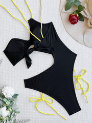 Sexy Solid One Shoulder Tie Up One Piece Swimsuit CASF 6488