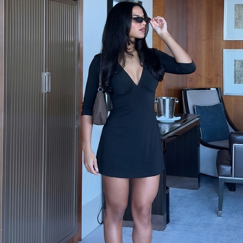 V Neck Half Sleeve Solid Mini Dress GLAG D6321382F