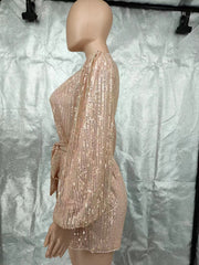 Long Sleeve Sequin Solid Color Belt Romper GYOM 8930