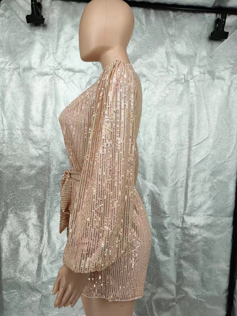 Long Sleeve Sequin Solid Color Belt Romper GYOM 8930