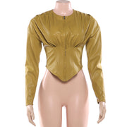 Solid Color Ruched Leather Coats DLSF K25L88954