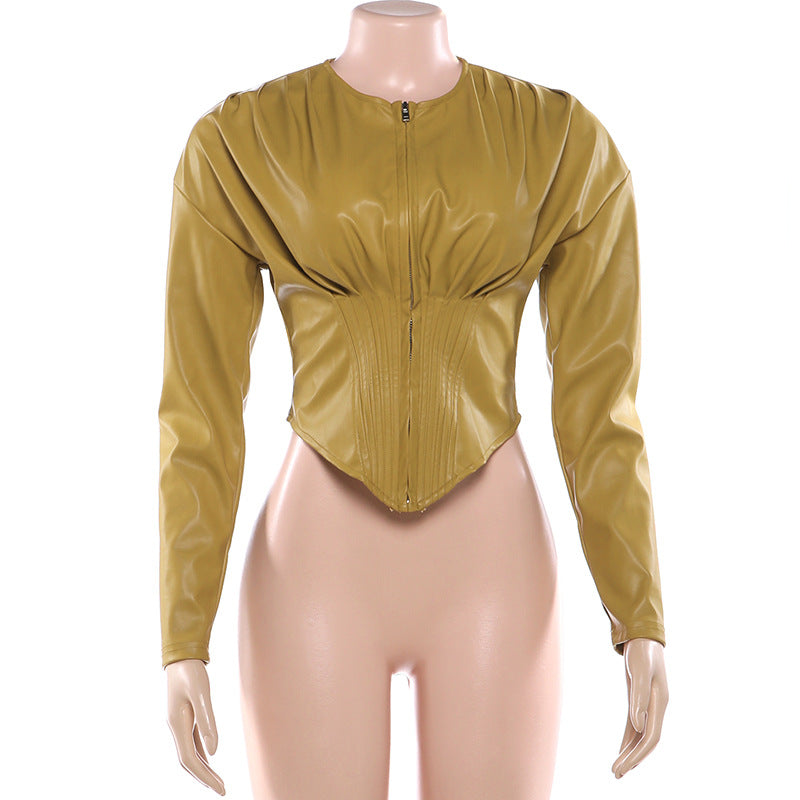 Solid Color Ruched Leather Coats DLSF K25L88954