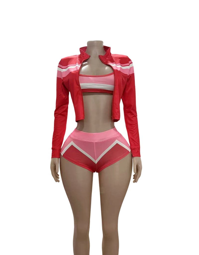 Color Block Bikini Short Top Three Piece Set GFCF 1372