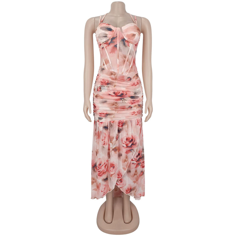 Floral Print Halterneck Mesh Evening Dress BY 7753