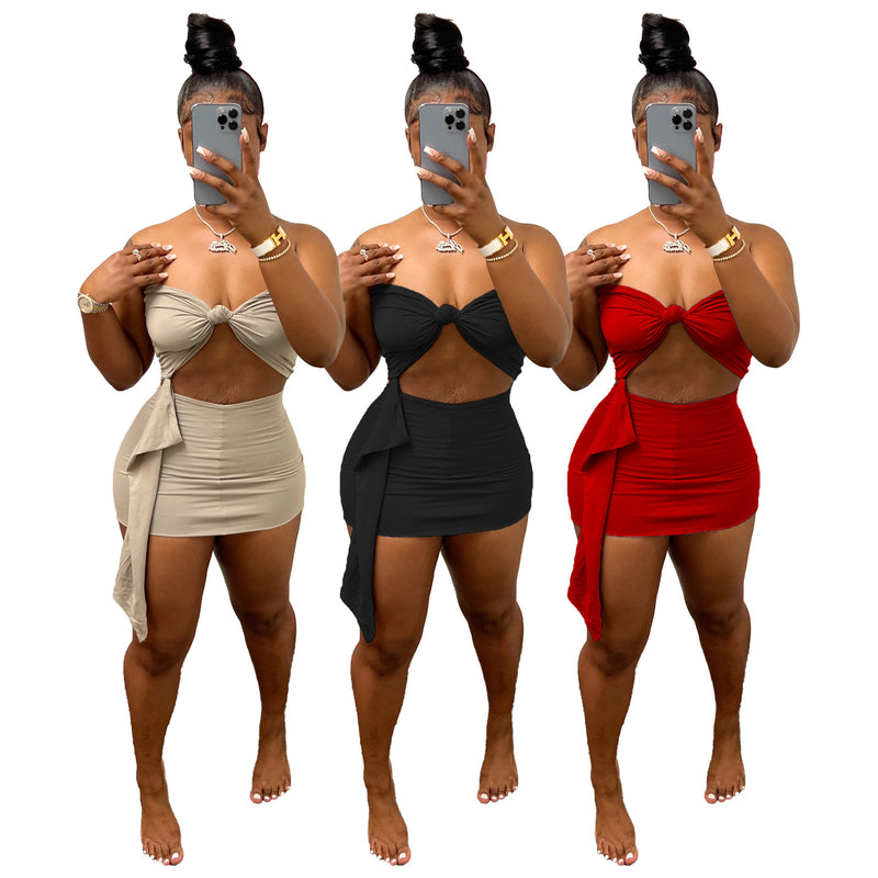 Solid Tube Top Mini Skirt Two Piece Sets WSM 5317