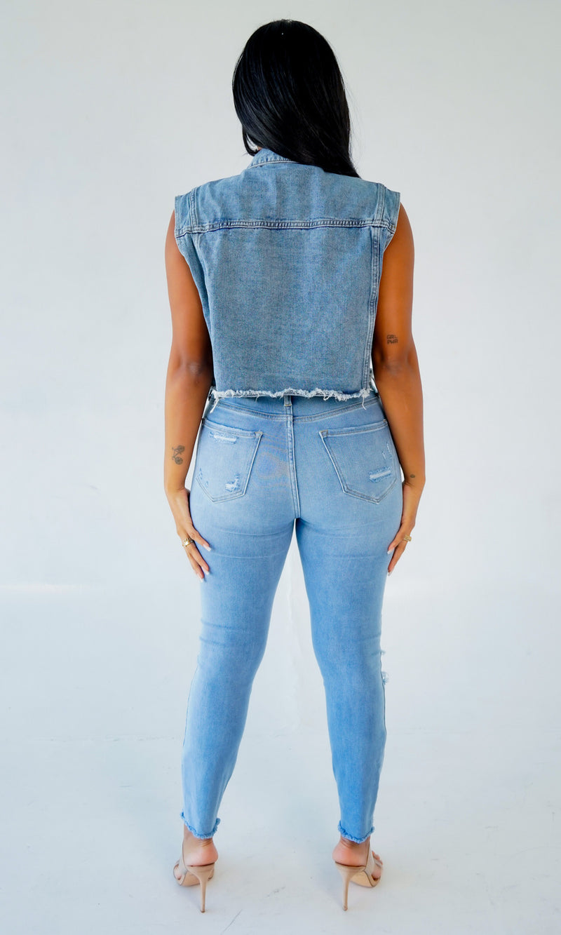 Beaded Diamond Studded Denim Vest Jacket GQDH 1073