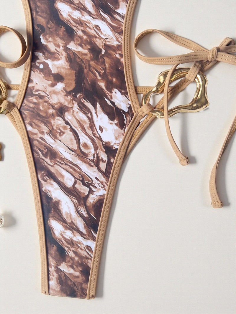 Sexy Print Tie Up Backless One Piece Swimsuit CASF 6808