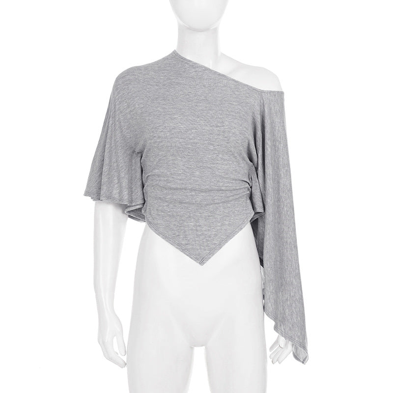 Solid Color Slash Shoulder Irregular T Shirt GPKJ MR49444