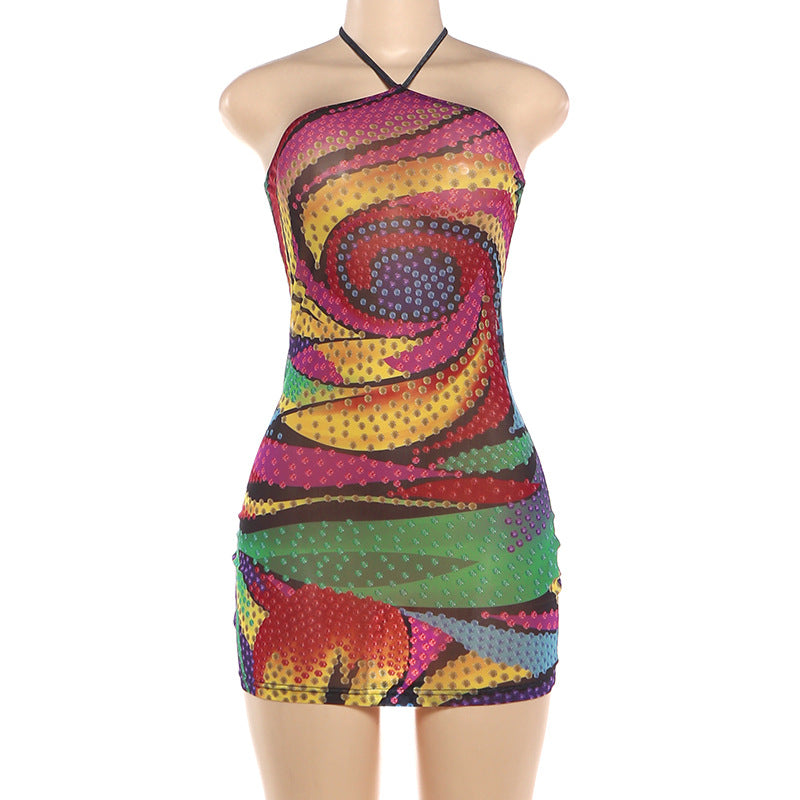 Halterneck Backless Print Mini Dress DLSF K6D08853A