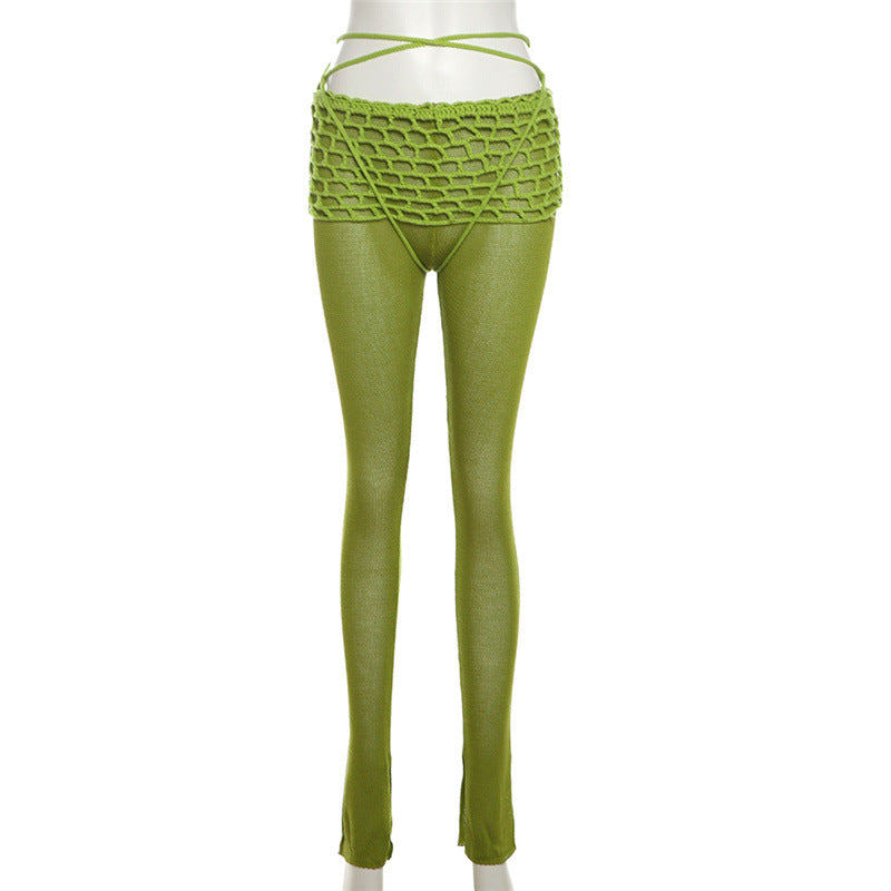 Low Rise Tied Skinny Solid Color Knit Pants XEF 49097