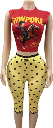 Print Sleeveless Top Polka Dot Fifth Pants Suit GNJF 2388