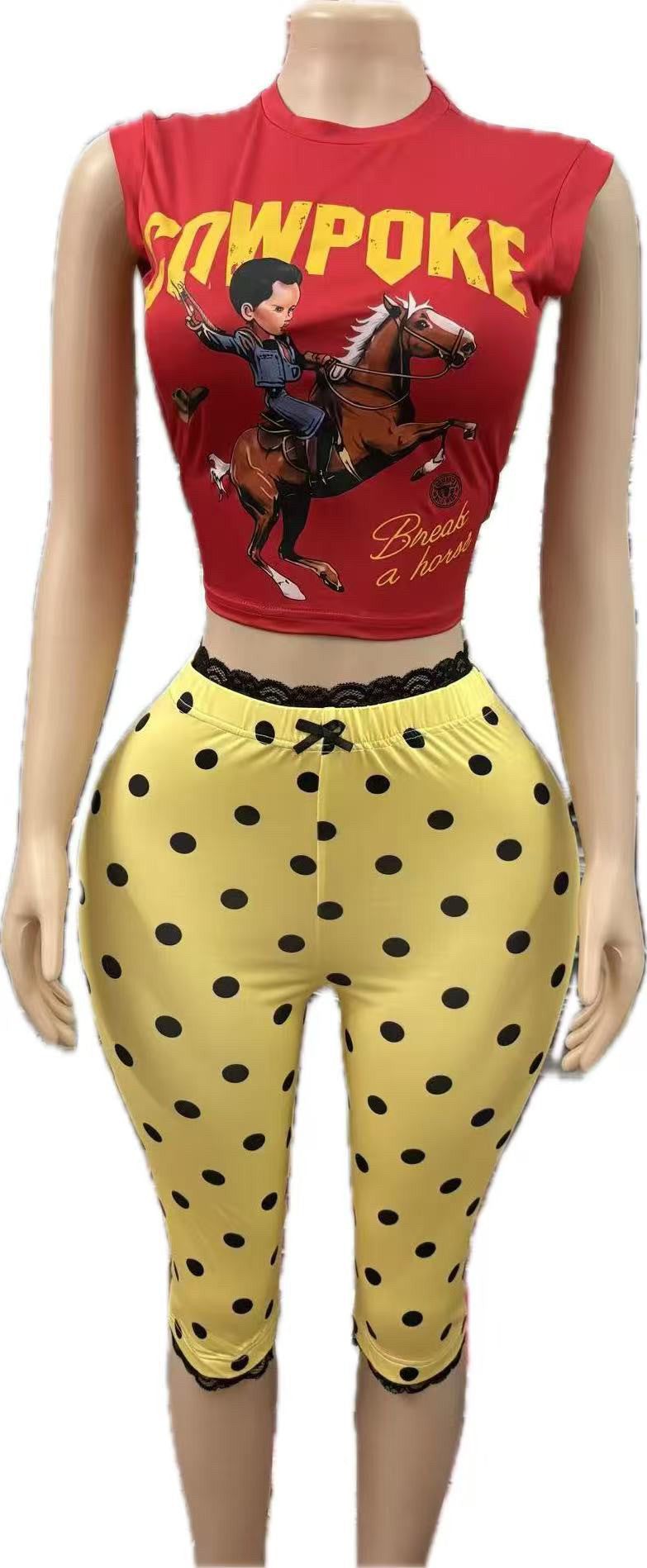 Print Sleeveless Top Polka Dot Fifth Pants Suit GNJF 2388