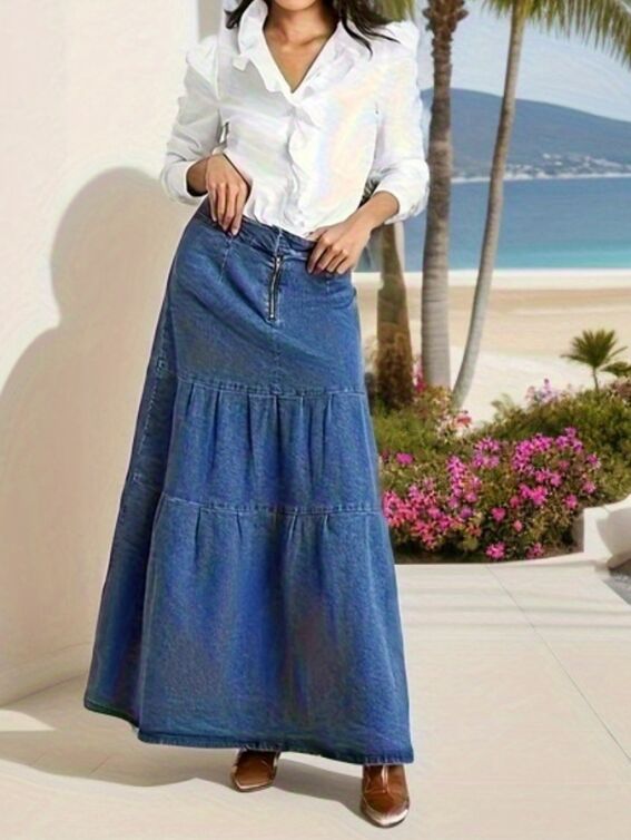 Fashion Denim Patchwork Loose Long Skirt GKNF TSX 11008
