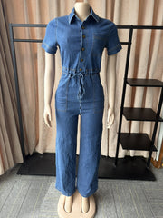 Single Breasted Short Sleeve Denim Jumpsuit OSM 4503