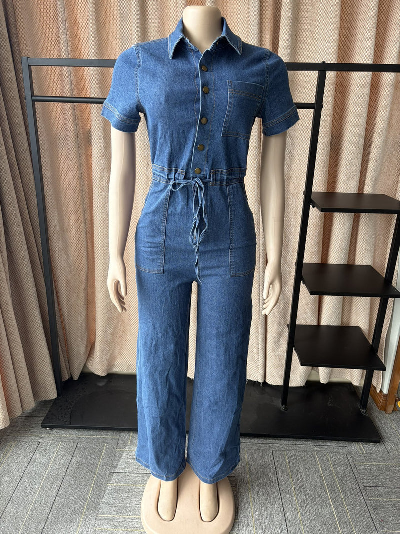 Single Breasted Short Sleeve Denim Jumpsuit OSM 4503