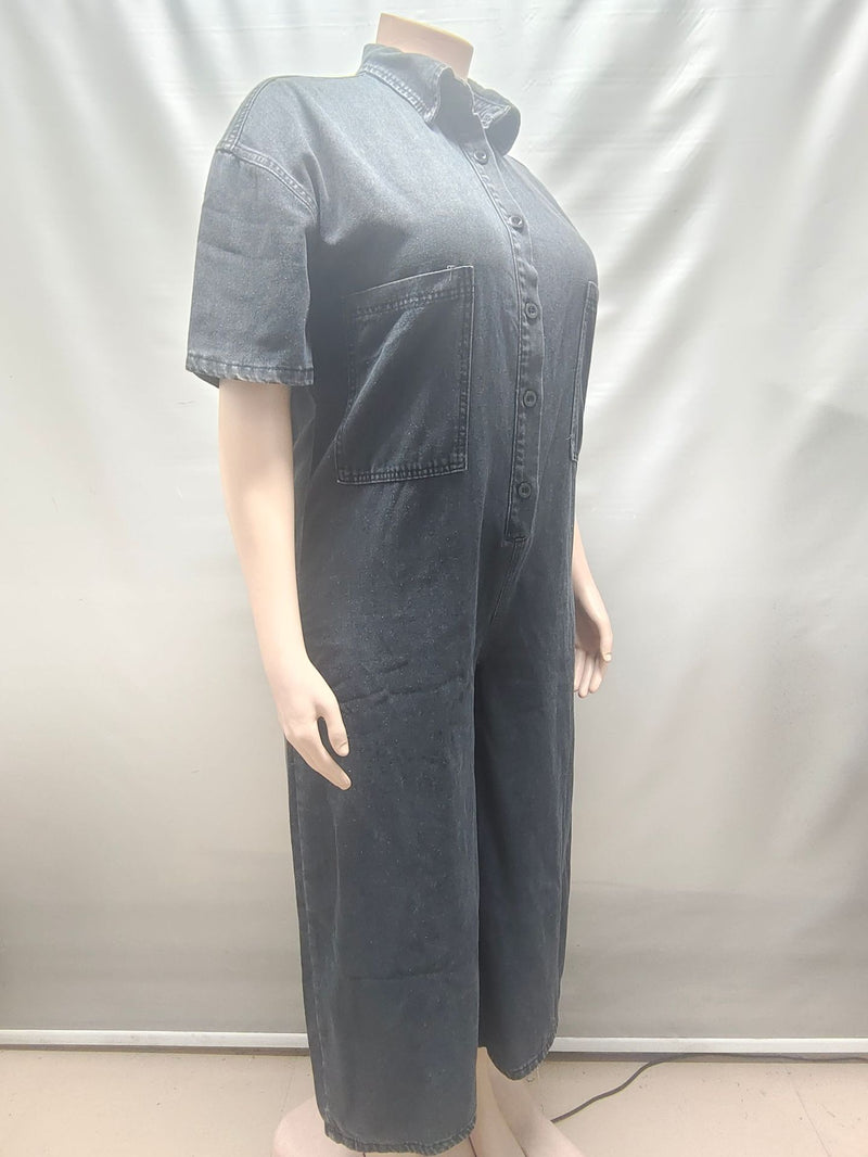 Short Sleeve Single Breated Button Denim Jumpsuit GAKF 60211