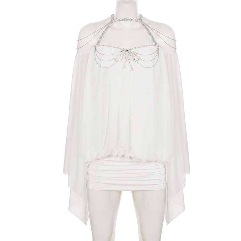 Chiffon Chain Off Shoulder Mini Dress GPKJ MR50024