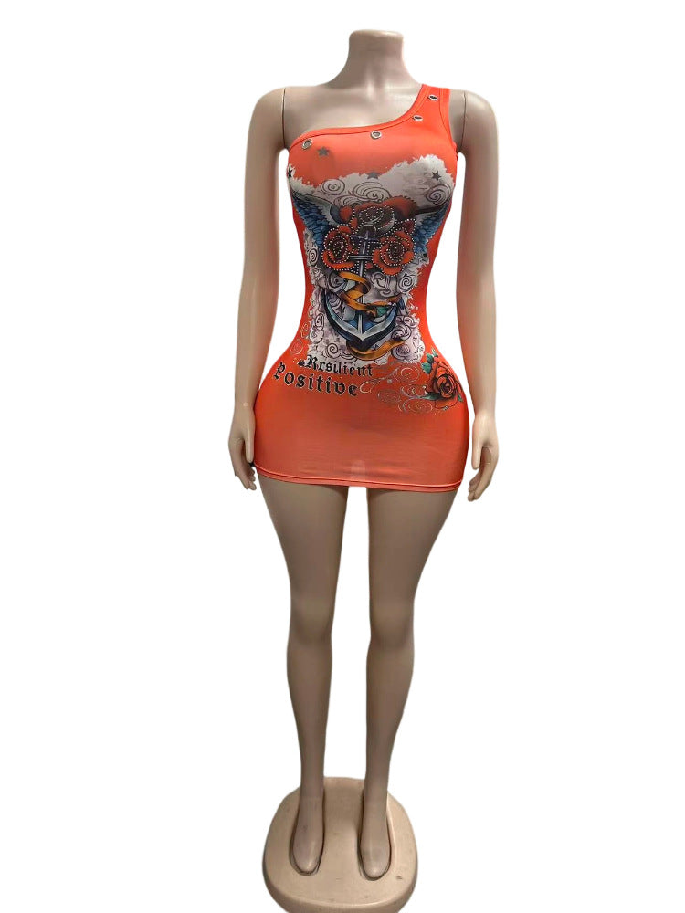 Print Slash Shoulder Mini Dress GFCF 1519