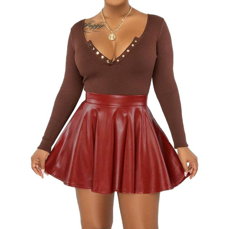 Solid Color PU Leather Half Mini Skirt GPBY 16353