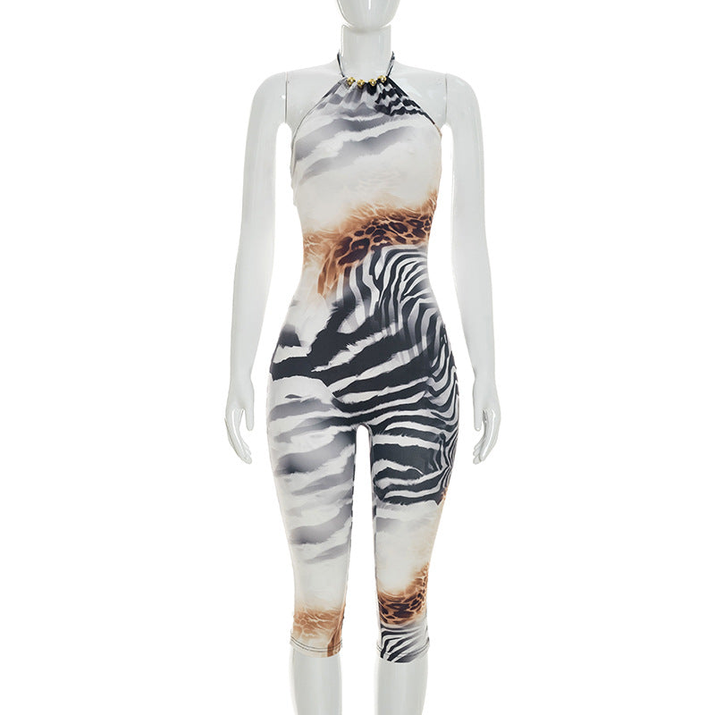 Sexy Halterneck Backless Print Seventh Jumpsuit MXBF J26JP173
