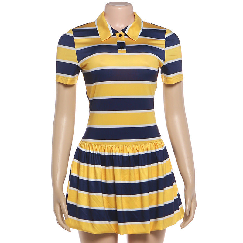 Stripe Print Lapel Casual Dress GSLF K6D08636A