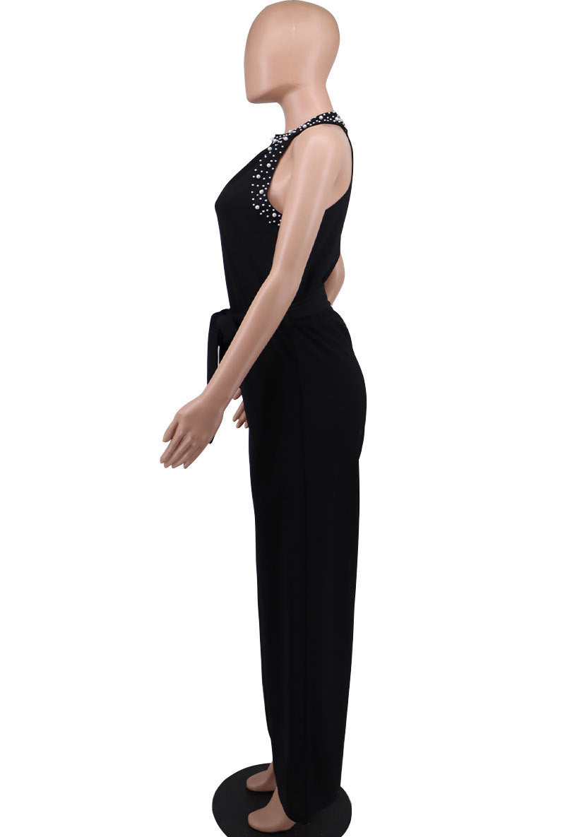 Beaded Off Shoulder Belt Loose Jumpsuit XHXF 8688