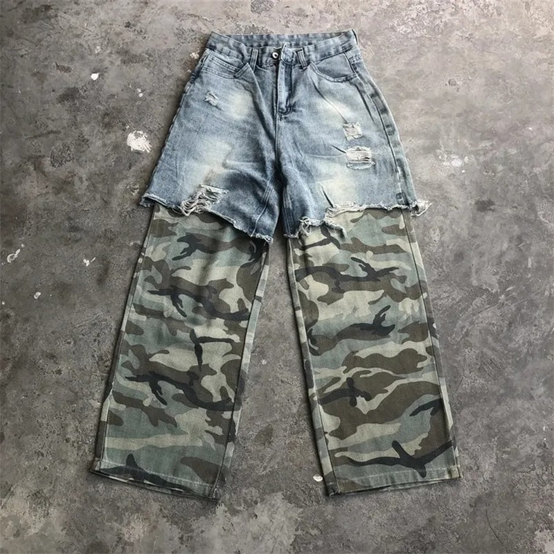 Men s Plus Size Camouflage Patchwork Holes Loose Jeans GYLN 1021