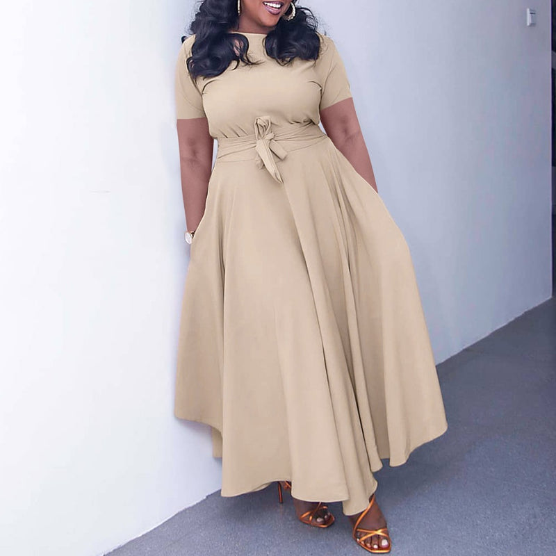Plus Size Solid Color Tie Up Midi Dress GATE 3184