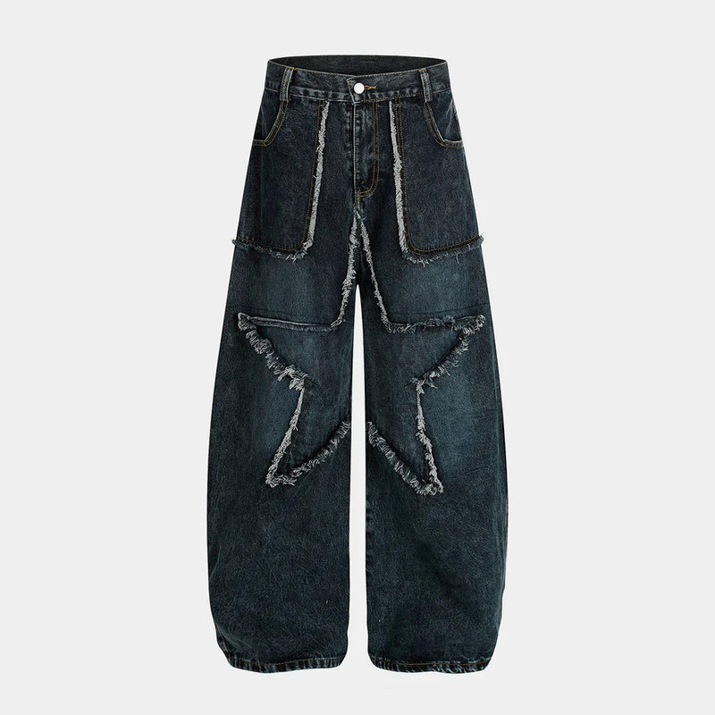 Plus Size Raw Edge Star Print Washed Jeans GYLN 2514
