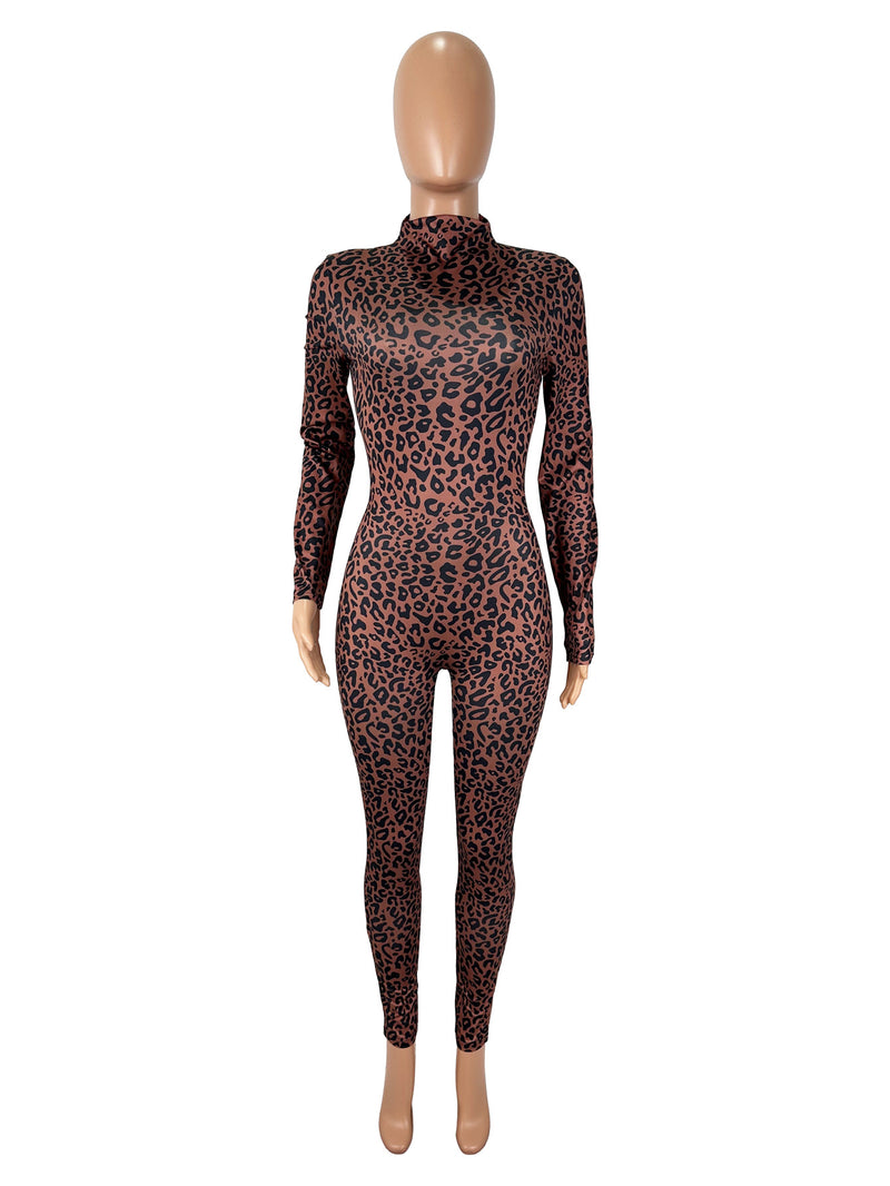 Leopard Print Long Sleeve Slim Jumpsuit SHD 9594
