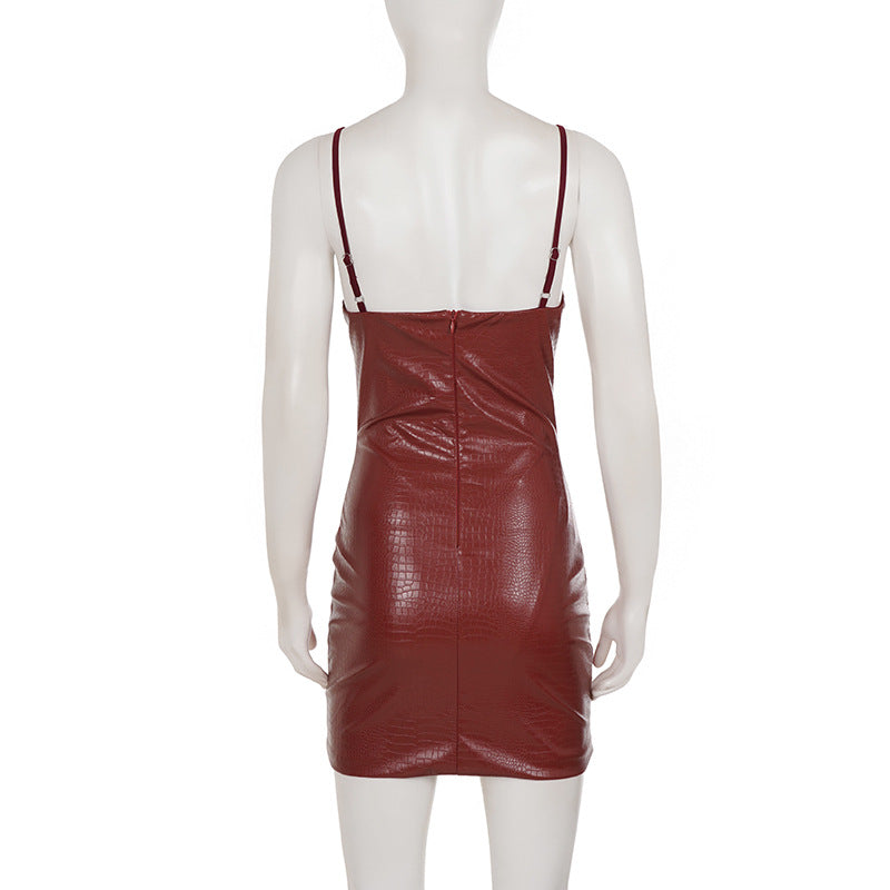 Solid Color Leather Bodycon Mini Dress GPKJ MR50457
