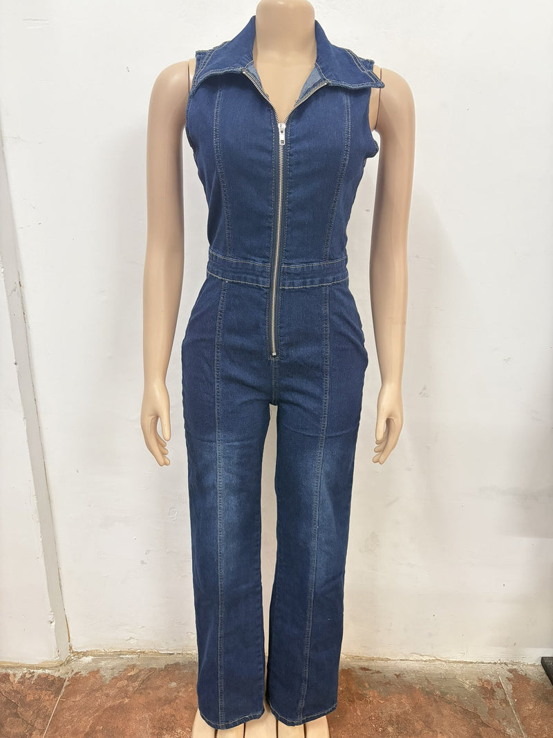 Sleeveless Zipper Lapel Denim Jumpsuit OSM 6012