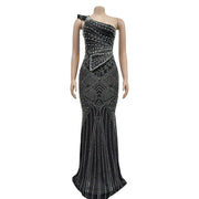 Solid Hot Drill Slash Neck Long Dress GADE 8397